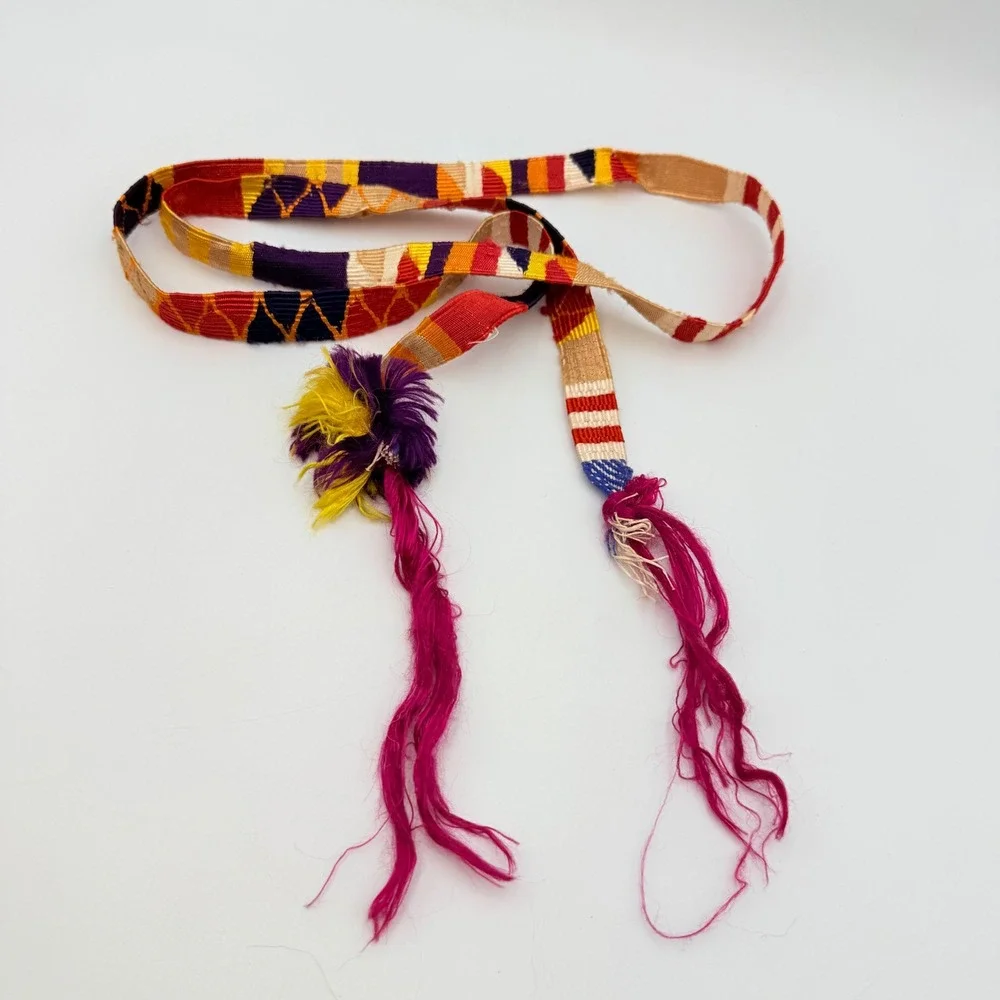 Handwoven Multi-Color Geometric Textile Sash Belt Faja with Tassels and Pom-Poms